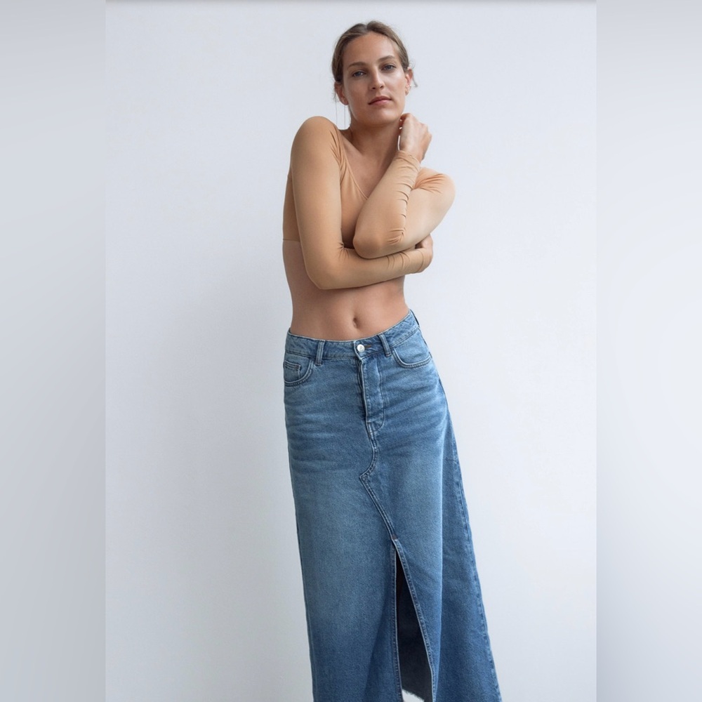 ZARA 70s Blue Cotton‎ Denim Jean Front Vent Midi Skirt Size Small